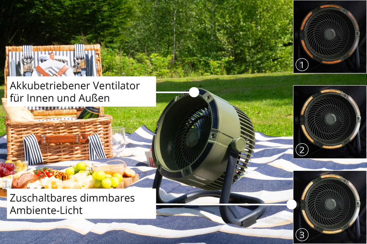 Der Unold Akkuventilator Outdoor, ein batteriebetriebener Ventilator mit dimmbarem Licht, steht auf einer gestreiften Picknickdecke neben einem Korb und Essen. Einblendungen zeigen die Lichteinstellungen, während deutscher Text die Funktionen hervorhebt.
