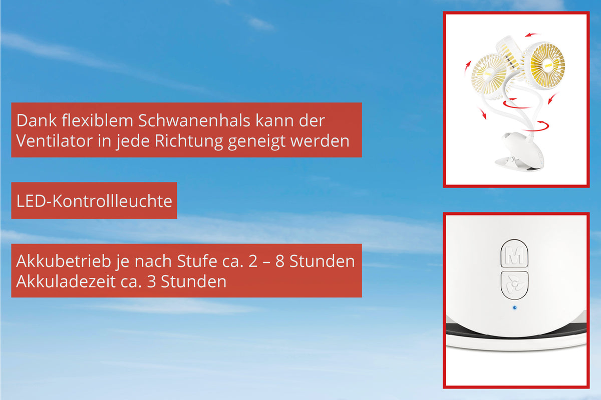 Der Unold TISCHVENTILATOR BREEZY CLIP, ein tragbarer Ventilator mit flexiblem Schwanenhals, Bedientasten und LED-Anzeige, lässt sich in jede Richtung neigen, läuft 2–8 Stunden mit Akku und ist in 3 Stunden vollständig aufgeladen. Im Hintergrund ist ein blauer Himmel abgebildet.