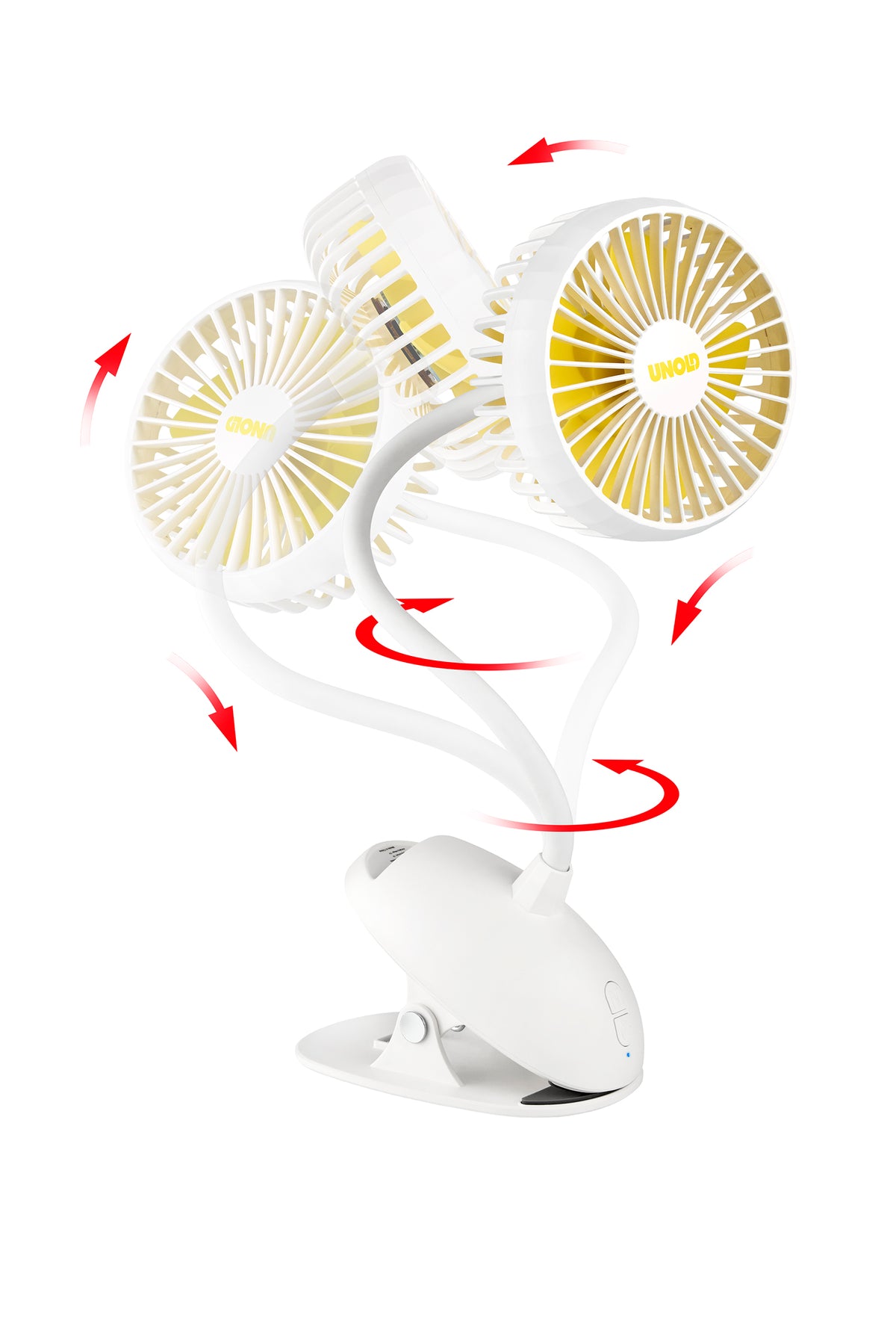 Das Unold Ventilatoren-Set Tischventilator Breezy Clip + Handventilator Breezy Swing verfügt über einen weiß-gelben Doppelkopf-Clip-On-Ventilator mit flexiblen, verstellbaren Armen für 360°-Drehung und multidirektionalen Luftstrom.