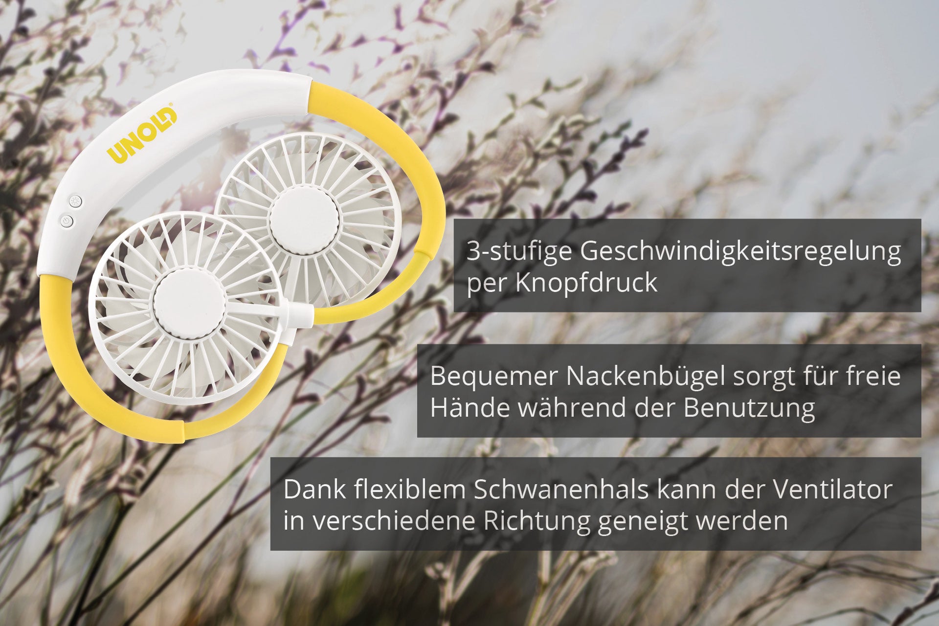 Der weiß-gelbe Unold NACKENVENTILATOR BREEZY mit zwei Lüftern und flexiblem Schwanenhals liegt auf einer Wiese. Text hebt 3 Geschwindigkeitsstufen, komfortable Nackenbügel und individuell anpassbare Ventilatorausrichtung hervor.