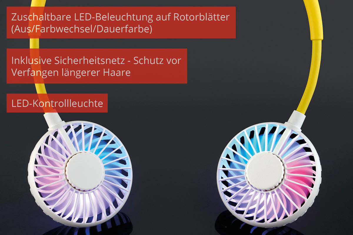 Eine Nahaufnahme des tragbaren Nackenventilators Unold NACKENVENTILATOR BREEZY mit gelben Bändern und runden, LED-beleuchteten Köpfen. Rote deutsche Textfelder heben die Funktionen hervor: LED-Beleuchtung, Sicherheitsnetz und Kontrollleuchte.