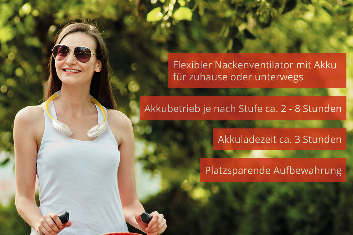Eine Frau mit Sonnenbrille und weißem Oberteil steht lächelnd im Freien und trägt den Unold NACKENVENTILATOR BREEZY um den Hals. Der Text hebt die Eigenschaften dieses Nackenventilators hervor, wie die lange Akkulaufzeit und die Möglichkeit zur mobilen Aufbewahrung.