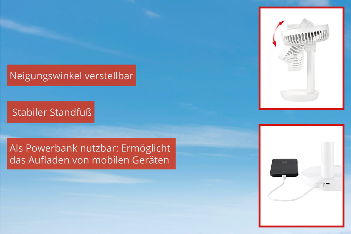 Der Unold TISCHVENTILATOR BREEZY ist ein kleiner weißer Ventilator mit verstellbarer Neigung und stabilem Standfuß, der gleichzeitig als Powerbank zum Laden mobiler Geräte dient. Ein deutscher Text beschreibt diese Funktionen vor einem blauen Himmelshintergrund.