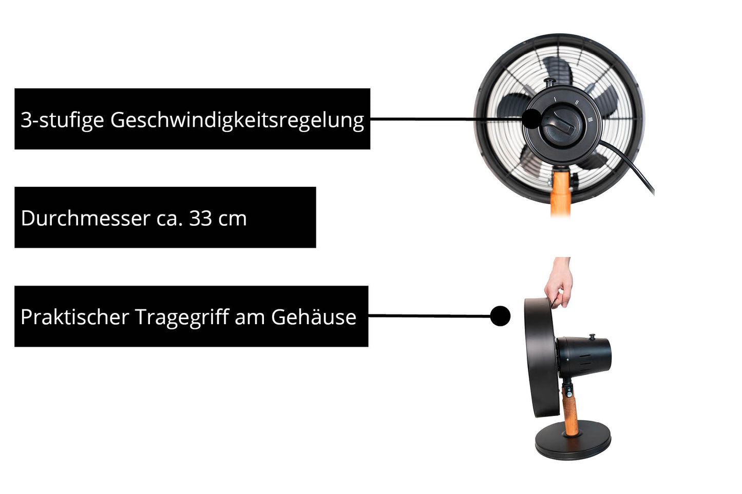 Der Unold Tischventilator Black Steel verfügt über ein elegantes Design in Schwarz und Holz, 3 Geschwindigkeitsstufen, einen Durchmesser von ca. 33 cm und einen praktischen Tragegriff, der durch eine Hand veranschaulicht wird, die den Ventilator anhebt.
