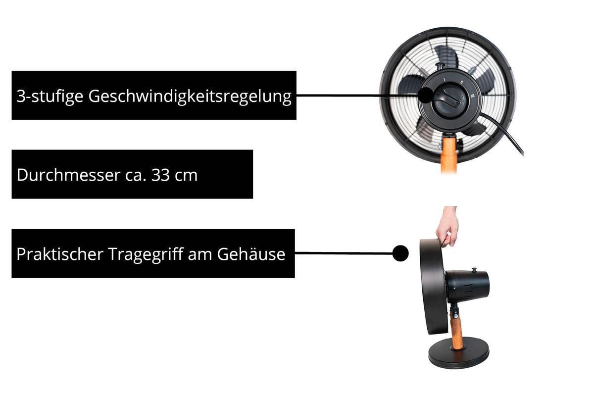 Der Unold Tischventilator Black Steel verfügt über ein elegantes Design in Schwarz und Holz, 3 Geschwindigkeitsstufen, einen Durchmesser von ca. 33 cm und einen praktischen Tragegriff, der durch eine Hand veranschaulicht wird, die den Ventilator anhebt.