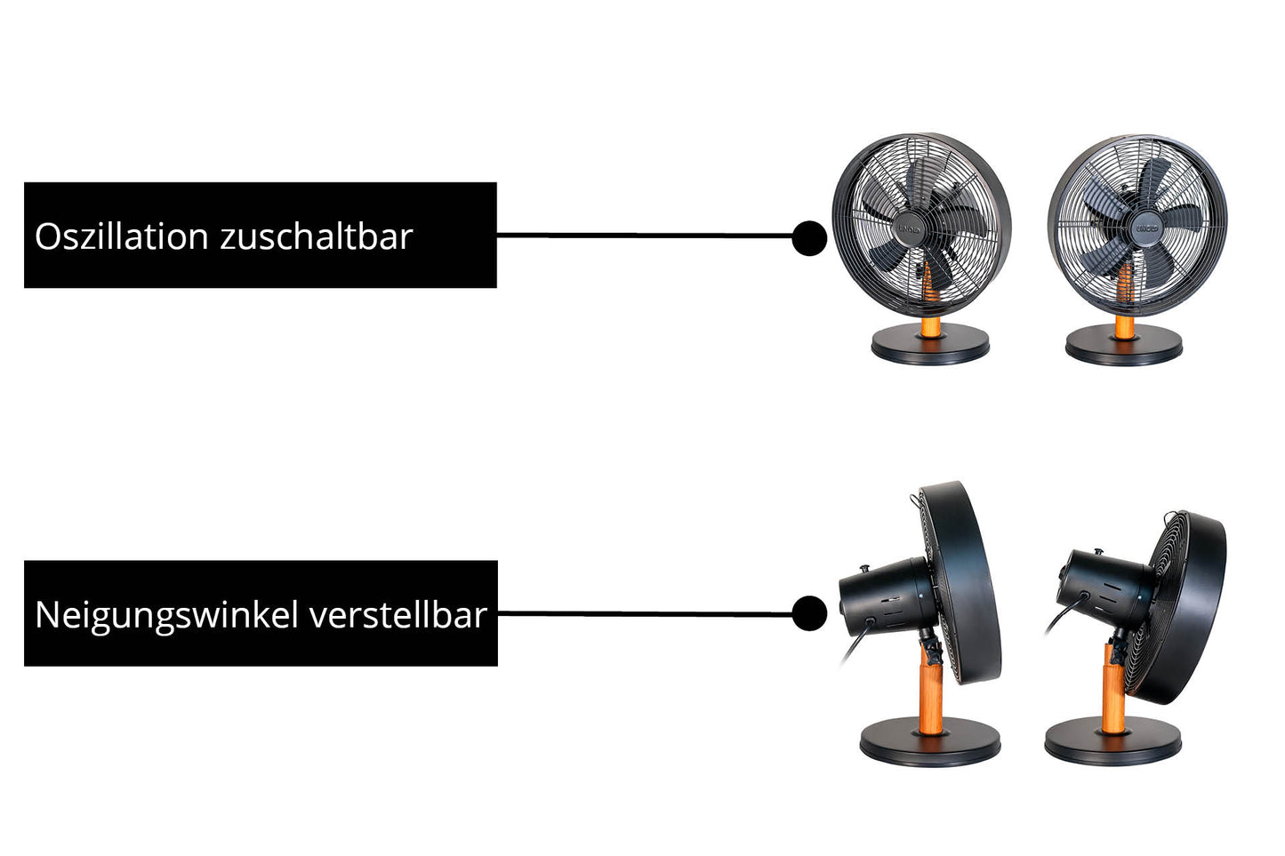 Abgebildet ist der Unold Tischventilator Black Steel: Das obere Paar ist oszillationszuschaltbar, einer nach vorne, einer zur Seite gerichtet, das untere Paar ist neigungsverstellbar.