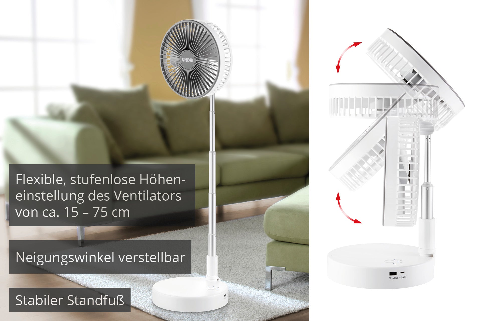 Der im Wohnzimmer abgebildete Standventilator TELESKOP-VENTI CORDLESS von Unold zeichnet sich durch eine flexible Höhe (15–75 cm), einen einstellbaren Neigungswinkel, einen stabilen Standfuß und einen abgebildeten Kippmechanismus für den Ventilatorkopf aus.