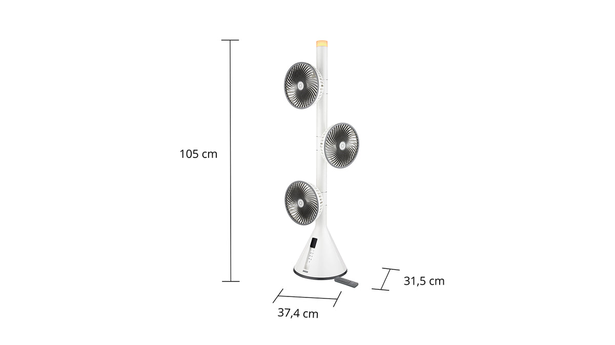 Der Unold STANDVENTILATOR 360° ist ein hoher, weißer Turmventilator mit drei runden Einheiten und konischem Fuß. Er ist 105 cm hoch, 37,4 cm breit und 31,5 cm tief.