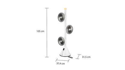 Der Unold STANDVENTILATOR 360° ist ein hoher, weißer Turmventilator mit drei runden Einheiten und konischem Fuß. Er ist 105 cm hoch, 37,4 cm breit und 31,5 cm tief.
