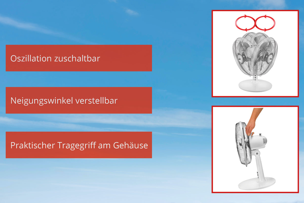 Bild zeigt drei Merkmale des Unold TISCHVENTILATOR SILVERLINE: Oszillation zuschaltbar mit einem oszillierenden Lüfter, verstellbarer Neigungswinkel mit einem geneigten Lüfter und praktischer Tragegriff am Gehäuse mit einer Hand am Griff.