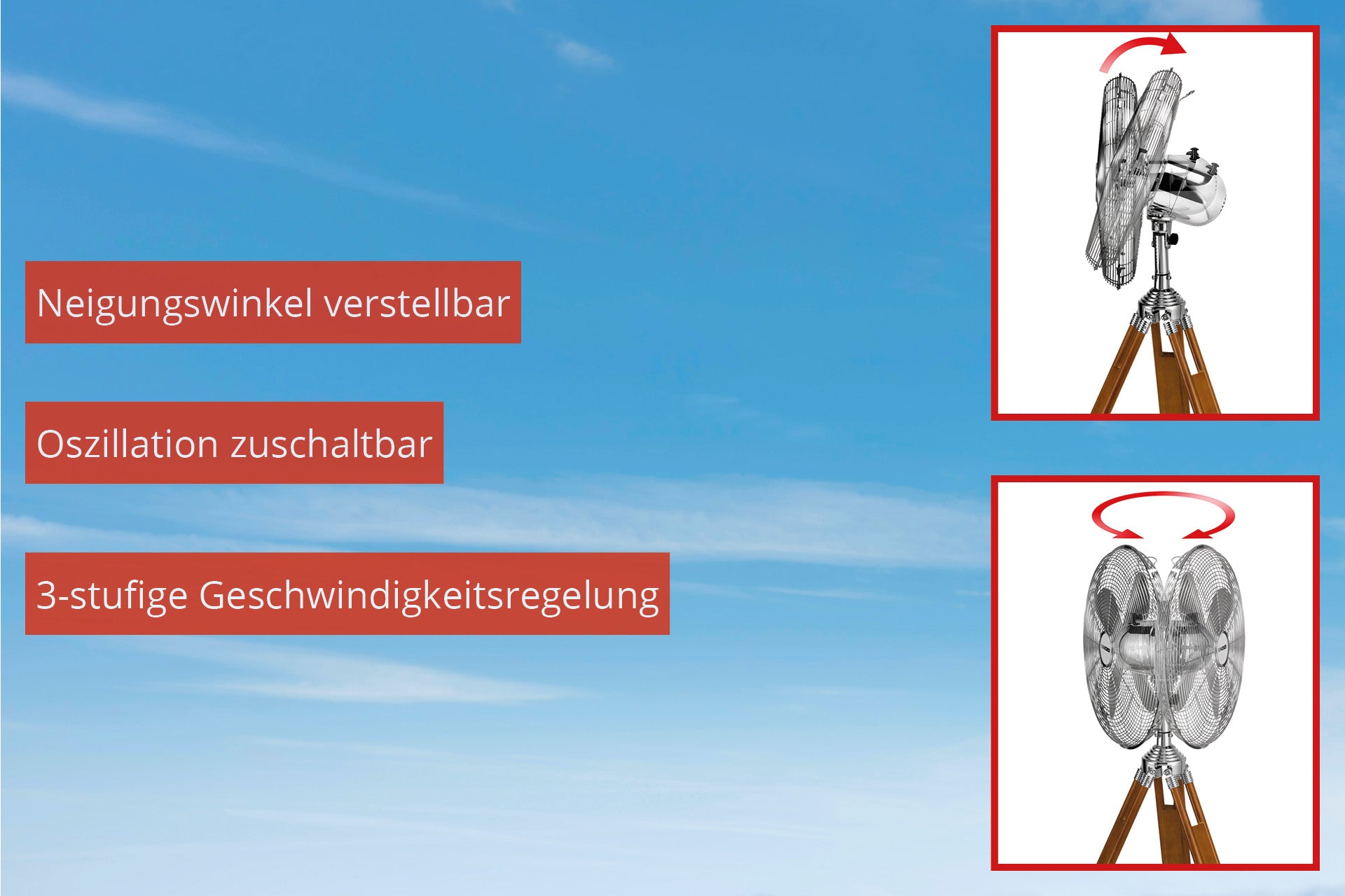 Zwei Bilder des Unold STANDVENTILATORS KOLONIAL: Einer kippt nach oben und unten, der andere rotiert seitlich. Zu den Funktionen gehören einstellbare Neigung, Oszillation und 3-stufige Geschwindigkeitsregelung. Vor blauem Himmel.