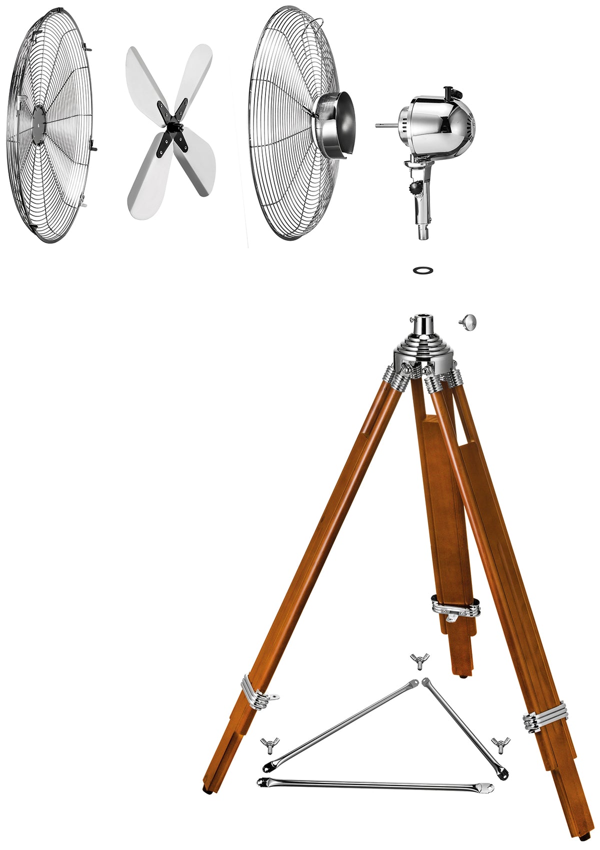 Der Unold STANDVENTILATOR KOLONIAL wird im zerlegten Zustand gezeigt, wobei Metallgitter, Ventilatorflügel, Motor, Schrauben und Stativbeine aus Holz mit Metallverbindern separat auf weißem Untergrund angeordnet sind.