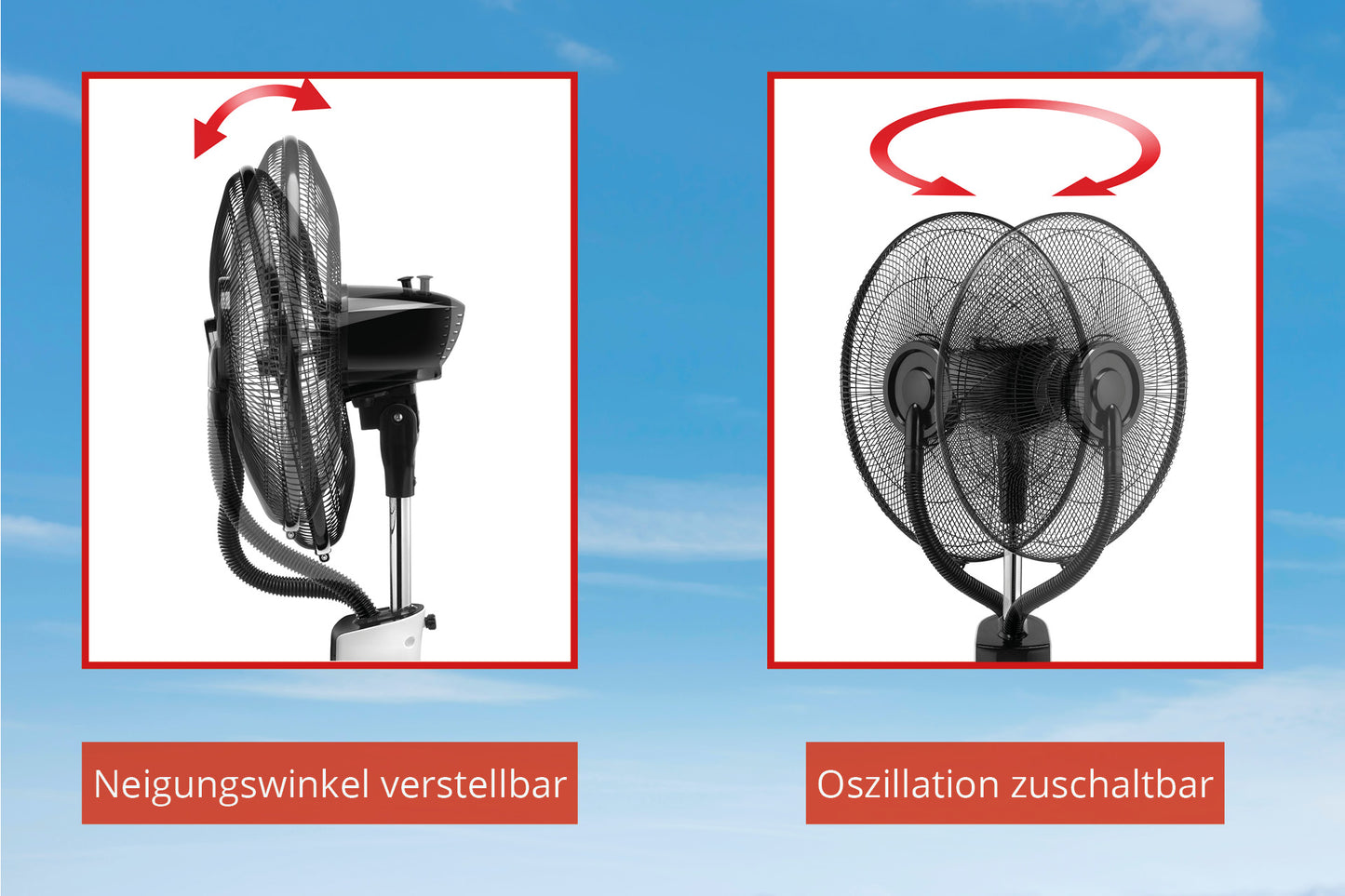 Es werden zwei Unold STANDVENTILATOR NEBULA TOUCH DIGITAL-Lüfter angezeigt: der linke lässt sich nach oben/unten neigen („Neigungswinkel verstellbar“), der rechte oszilliert („Oszillation zuschaltbar“).