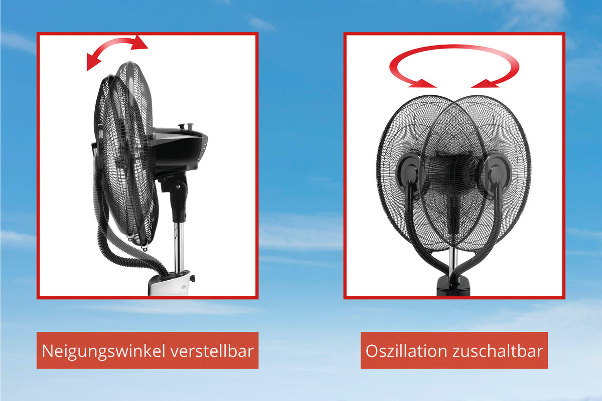 Es werden zwei Unold STANDVENTILATOR NEBULA TOUCH DIGITAL-Lüfter angezeigt: der linke lässt sich nach oben/unten neigen („Neigungswinkel verstellbar“), der rechte oszilliert („Oszillation zuschaltbar“).
