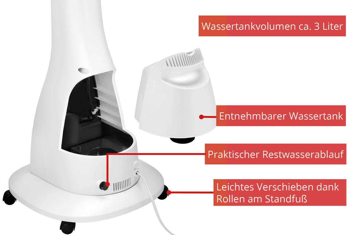 Nahaufnahme des Unold STANDVENTILATOR NEBULA mit abnehmbarem 3-Liter-Wassertank, praktischem Restwasserablauf und leicht verschiebbar dank Rollen am Standfuß.