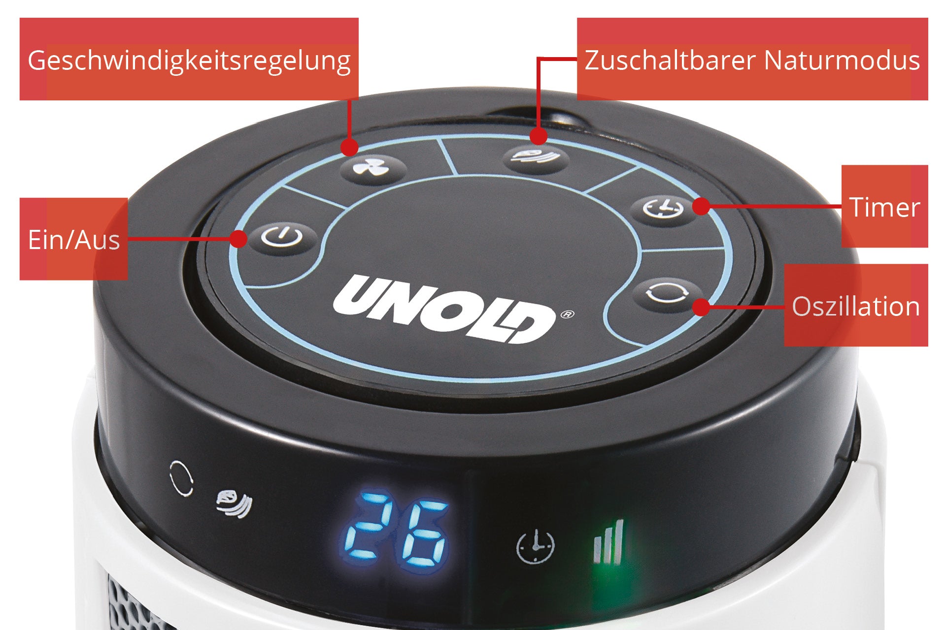 Nahaufnahme des Bedienfelds des Unold TURMVENTILATOR SIGHT mit den beschrifteten Tasten: Geschwindigkeitsregelung, Naturmodus, Timer, Oszillation und Ein/Aus.