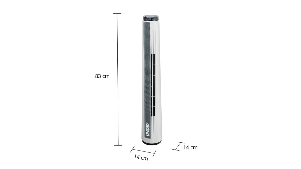 Der Unold TURMVENTILATOR SIGHT ist ein hoher, schlanker, weißer Turmventilator mit schwarzen Lüftungsschlitzen an der Vorderseite und einer Digitalanzeige. Er misst 83 cm in der Höhe, 14 cm in der Breite und 14 cm in der Tiefe. Die Marke „Unold“ ist in der Nähe des Sockels angebracht.