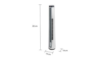 Der Unold TURMVENTILATOR SIGHT ist ein hoher, schlanker, weißer Turmventilator mit schwarzen Lüftungsschlitzen an der Vorderseite und einer Digitalanzeige. Er misst 83 cm in der Höhe, 14 cm in der Breite und 14 cm in der Tiefe. Die Marke „Unold“ ist in der Nähe des Sockels angebracht.