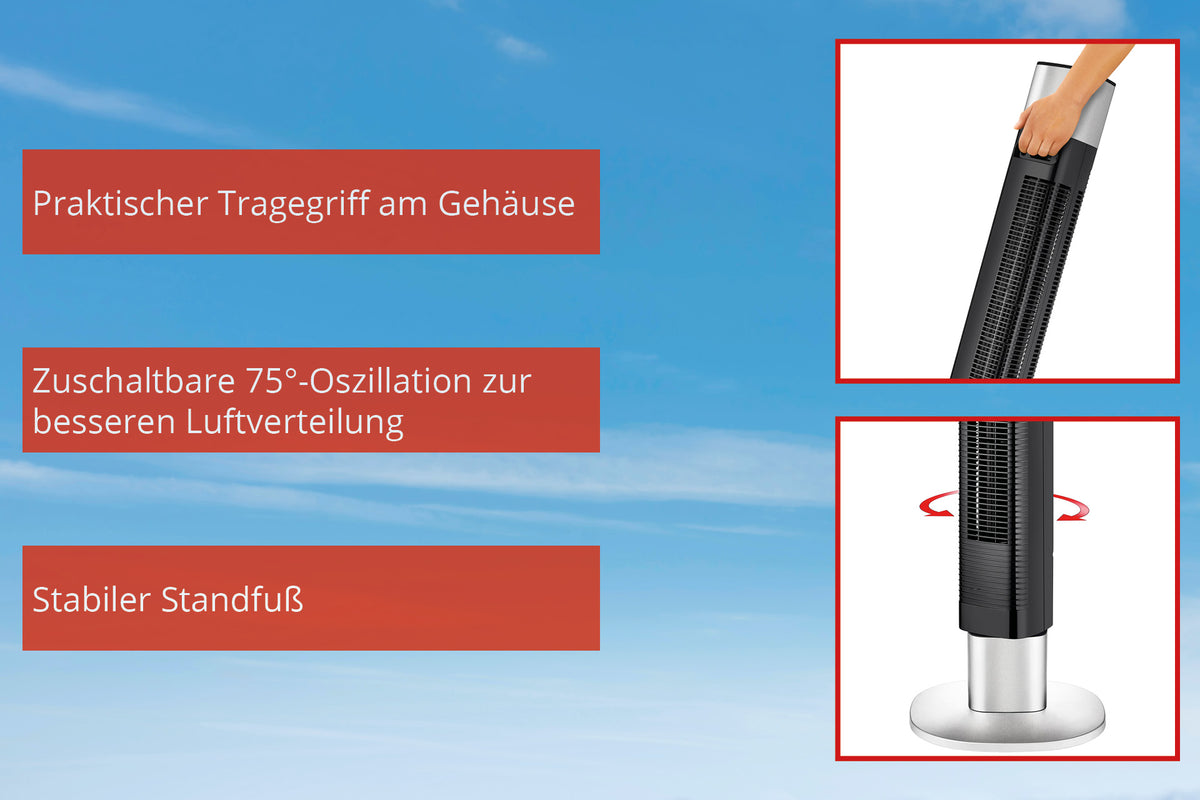 Das Bild zeigt den Unold TURMVENTILATOR EDEL Turmventilator mit drei hervorgehobenen Merkmalen: Tragegriff, 75° Oszillation für bessere Luftverteilung und stabiler Standfuß. Text auf Deutsch vor blauem Himmel.