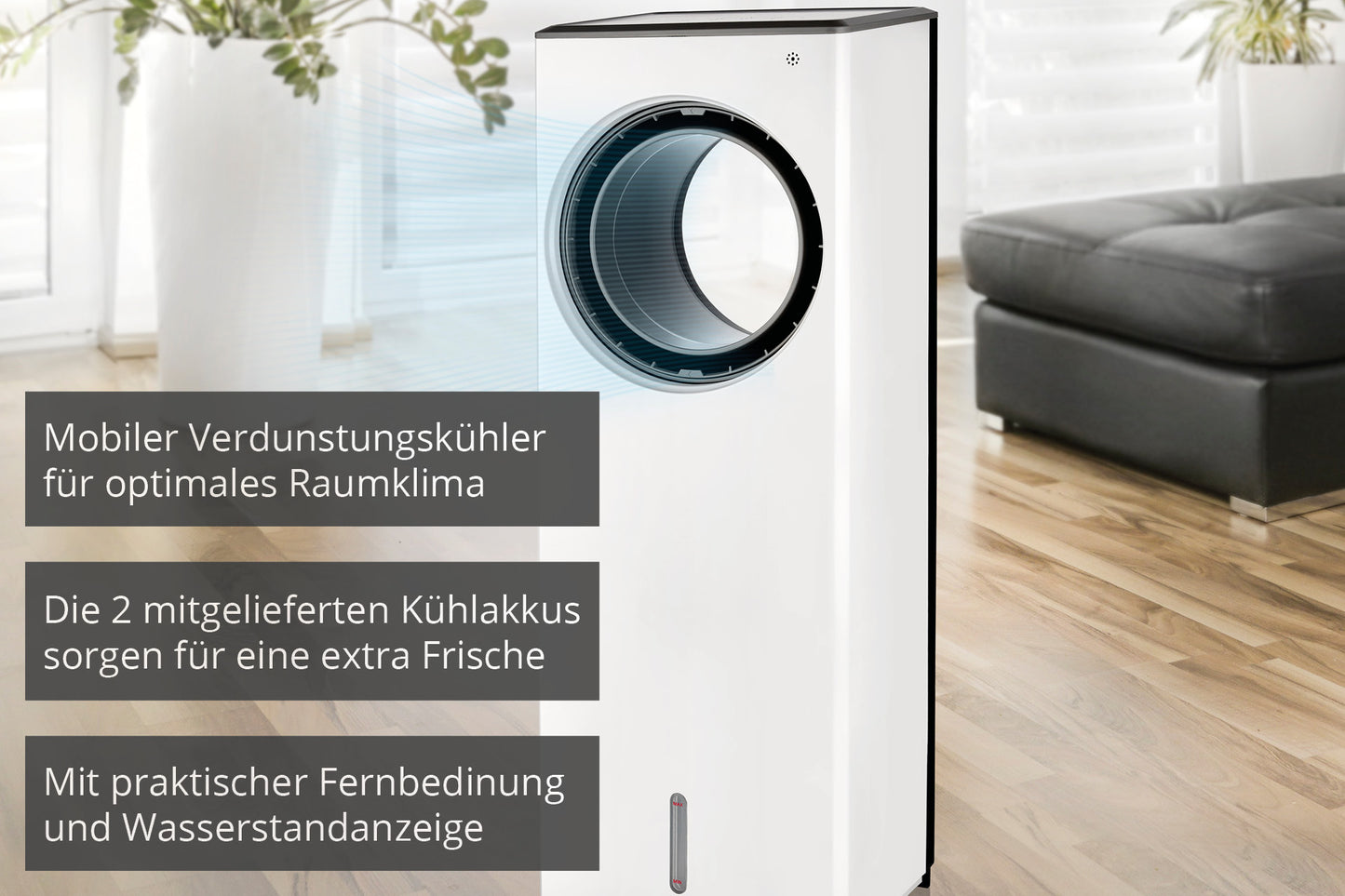 Der Unold AIR COOLER FRESH ist ein weißer, mobiler Verdunstungskühler für modernes Wohnzimmer. Er verbessert das Raumklima, bietet Kühlakkus für extra Frische und verfügt über eine Fernbedienung sowie eine Wasserstandsanzeige.