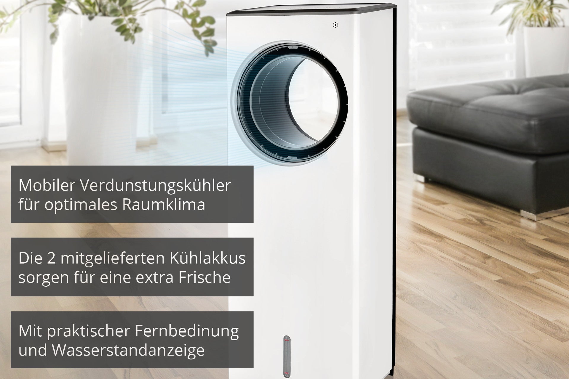 Der Unold AIR COOLER FRESH ist ein weißer, mobiler Verdunstungskühler für modernes Wohnzimmer. Er verbessert das Raumklima, bietet Kühlakkus für extra Frische und verfügt über eine Fernbedienung sowie eine Wasserstandsanzeige.