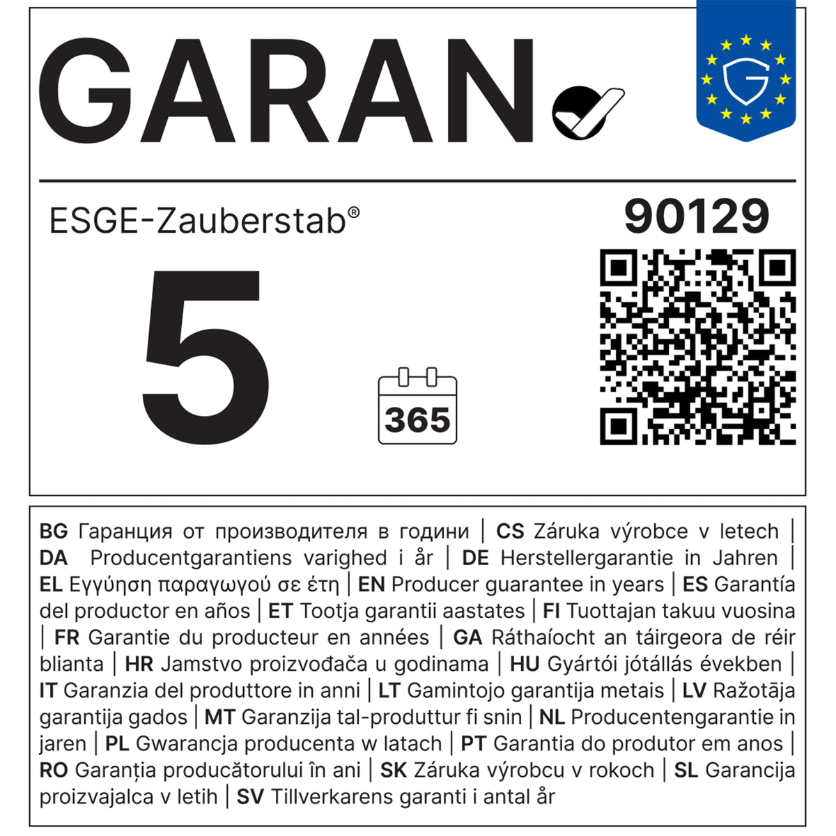 Produktgarantieetikett mit der Aufschrift „ESGE-Zauberstab® M 100 Design Schwarz“, der Markennamen „ESGE-Zauberstab“, einer deutlich hervorgehobenen Zahl 5 und der Zahl 365 sowie Garantiebedingungen in mehreren Sprachen, die eine 5-jährige Garantie bescheinigen. Zu den Merkmalen gehören ein QR-Code, eine EU-Flagge und mehrsprachige Garantieinformationen.