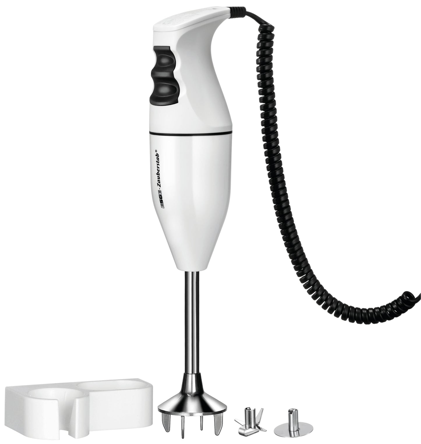 Der ESGE Zauberstab ESGE-Zauberstab 902105 Set E120 Select ist ein weißer Stabmixer mit schwarzem Spiralkabel, abgebildet mit Wandhalterung und zwei Klingenaufsätzen aus Metall auf weißem Hintergrund.