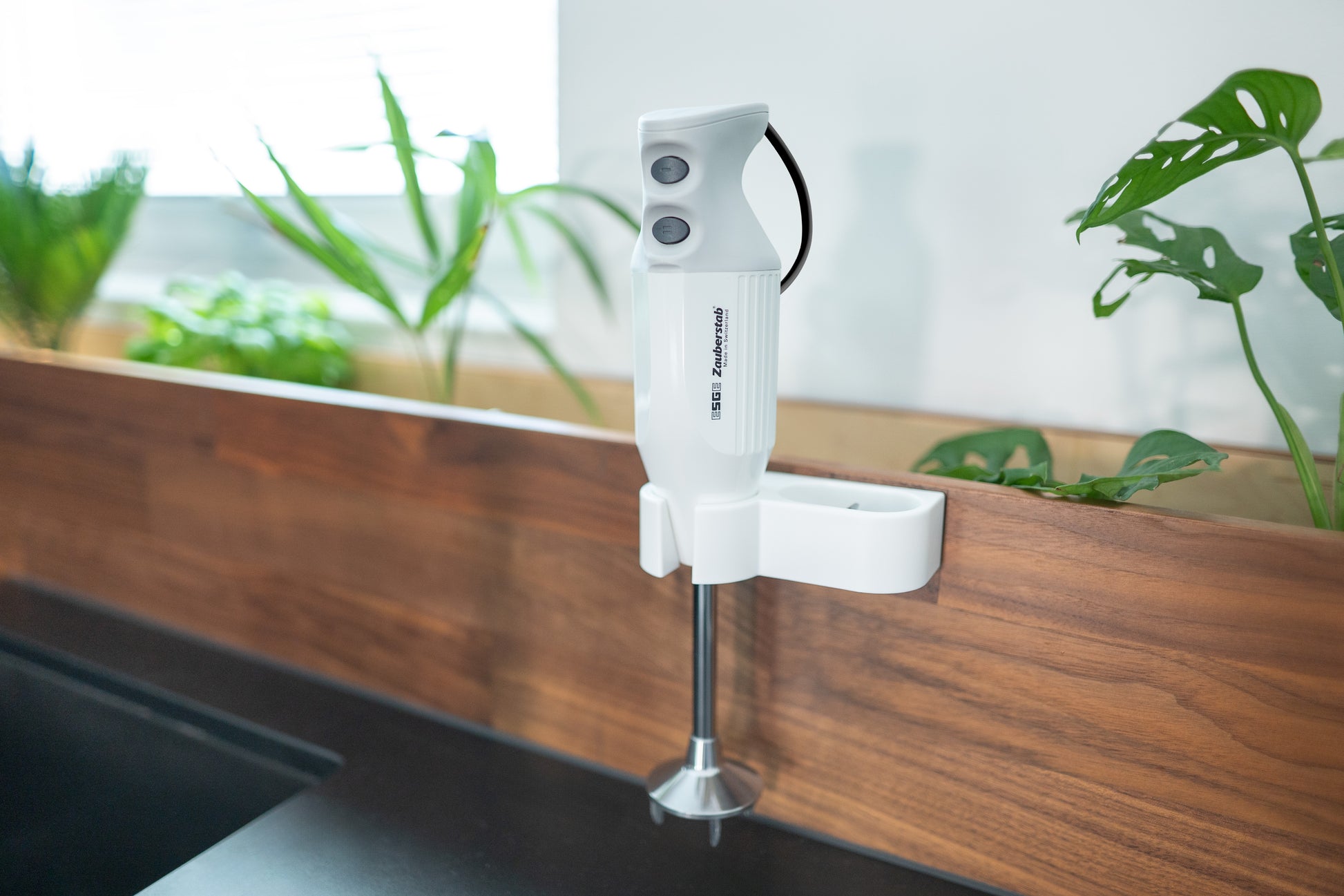 Der ESGE-Zauberstab® M 122 S Stabmixer von ESGE-Zauberstab steht senkrecht auf einer hölzernen Küchenabdeckung, umgeben von Grünpflanzen in der Nähe eines sonnendurchfluteten Fensters.