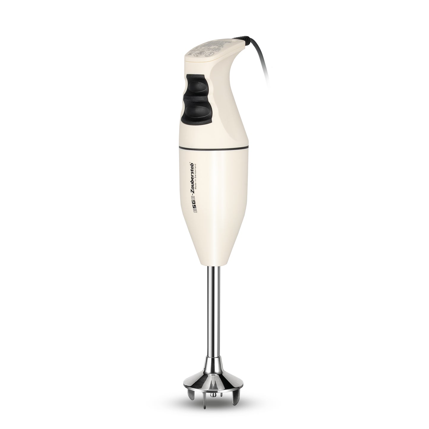 Der ESGE-Zauberstab M100 Exklusiv Edition von ESGE-Zauberstab ist ein weißer Stabmixer mit schwarzem Griff, zwei Bedienknöpfen und einem Edelstahl-Mixerschaft und -messer, der aufrecht auf einem schlichten weißen Hintergrund steht.