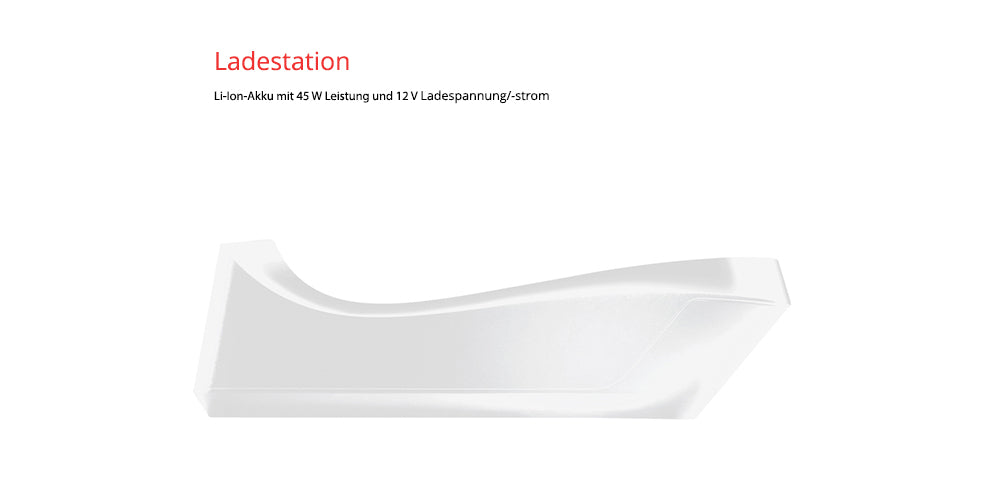 Abgebildet ist eine weiße kabellose ESGE-Zauberstab® Weiß 95100 Ladestation von Unold mit minimalistischem Design. Der deutsche Text oben lautet „Ladestation“ und hebt den Lithium-Ionen-Akku, die 45-W-Leistung und die 12-V-Ladespannung/-stromstärke hervor.