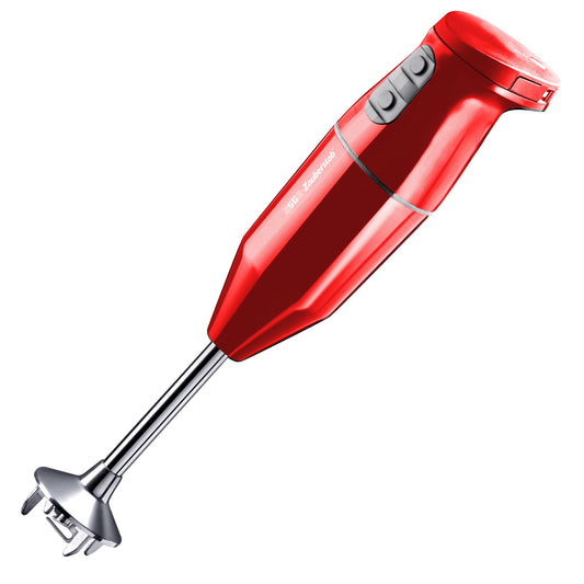 Der Unold ESGE Zauberstab Cordless 95102 ist ein roter, kabelloser Stabmixer mit Edelstahlschaft und zwei schwarzen Knöpfen am Griff, ausgestattet mit einem 2500 mAh Li-Ion Akku und bis zu 13.000 U/min.