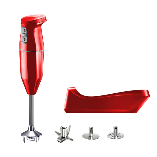 Roter Akku-Stabmixer ESGE-Zauberstab® Rot 95102 mit Ständer und drei austauschbaren Klingen für vielseitige Mixanwendungen in der Küche.