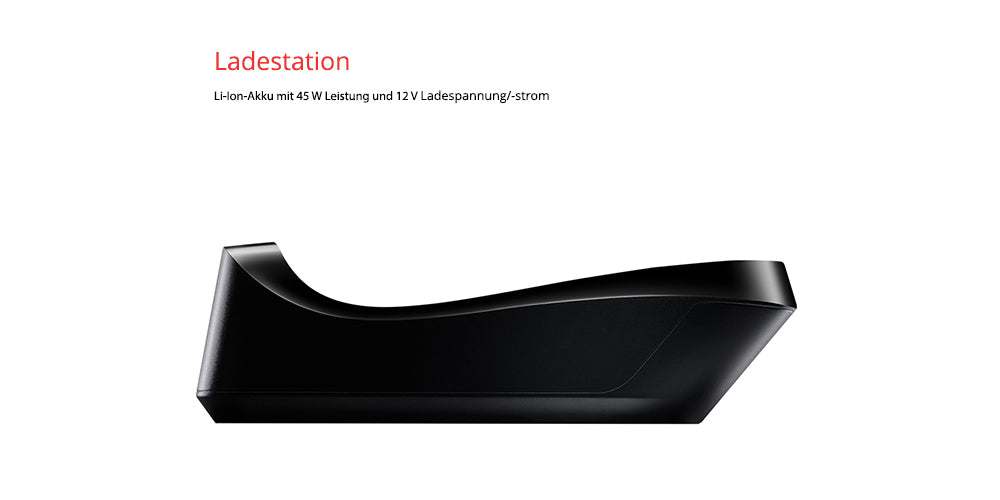 Auf weißem Hintergrund ist eine elegante ESGE-Zauberstab® cordless PRO Schwarz 95305 von Unold abgebildet, eine 45 W, 12 V Li-Ionen-Ladestation mit geschwungenem schwarzen Design. Darüber steht „Ladestation“.