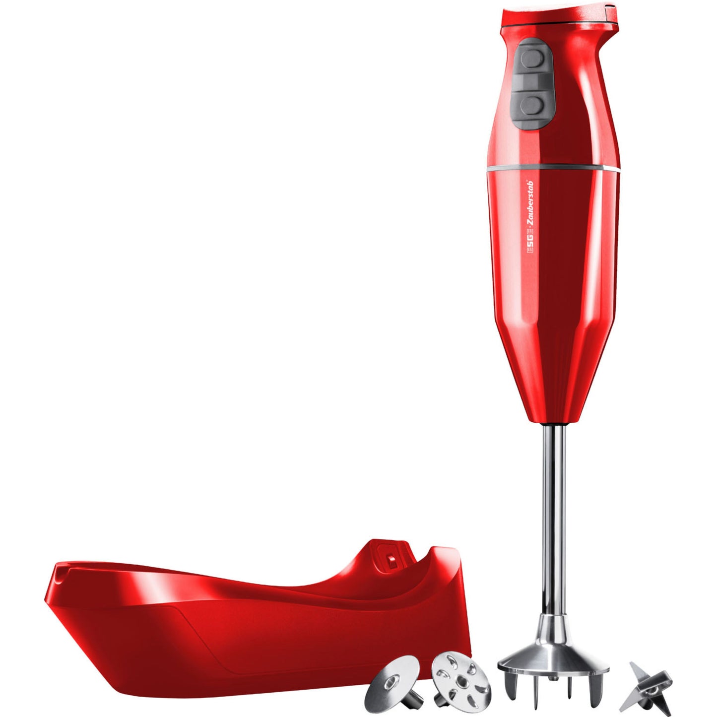 Der ESGE-Zauberstab Cordless PLUS Rot von ESGE-Zauberstab ist ein roter elektrischer Stabmixer mit zwei Tasten, einem passenden roten Ständer und drei austauschbaren Metallaufsätzen, die vorne angebracht sind.