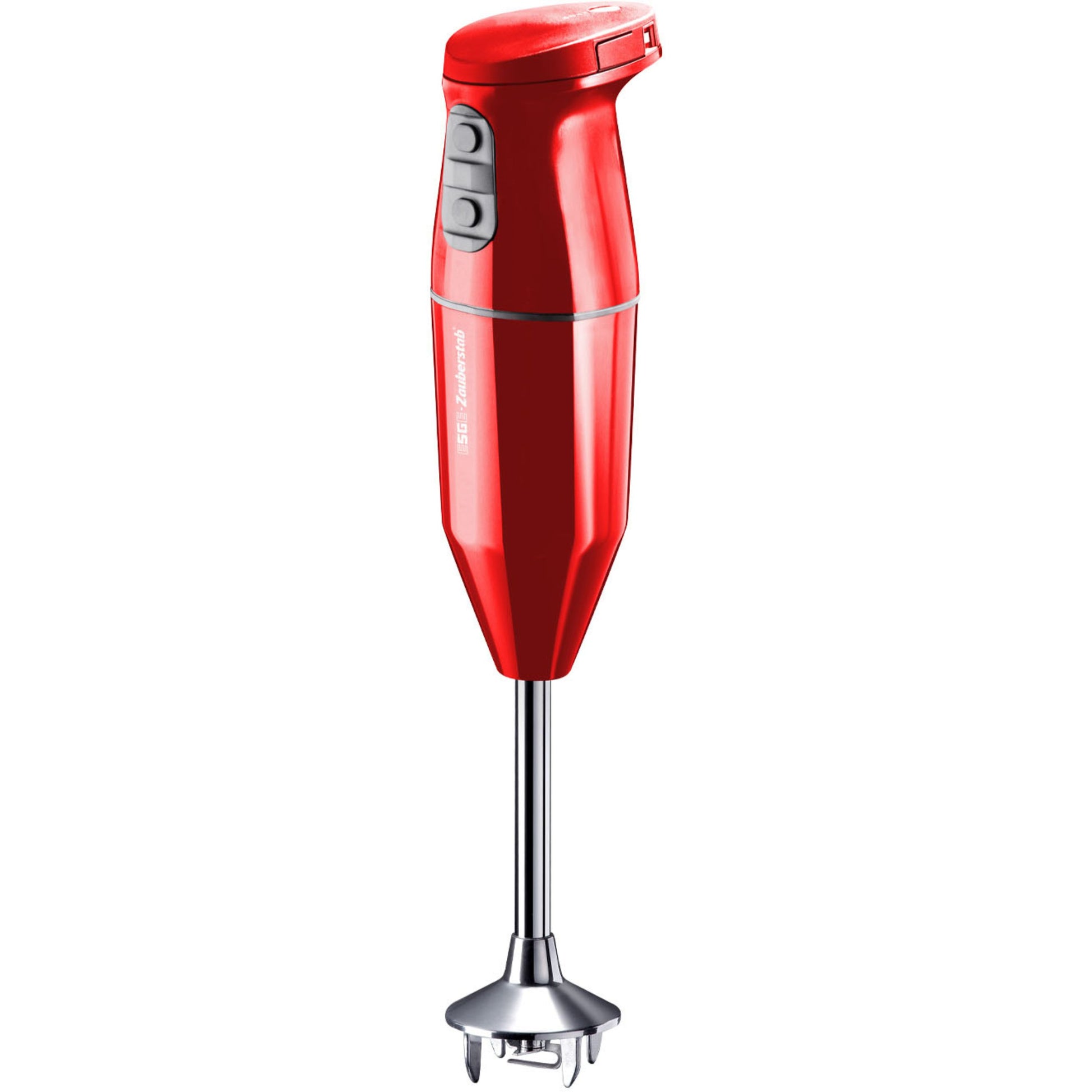 Der ESGE-Zauberstab Cordless PLUS Rot ist ein roter Stabmixer von ESGE-Zauberstab mit einem Mixschaft aus Metall und zwei Bedientasten am Griff, der aufrecht vor einem weißen Hintergrund abgebildet ist.