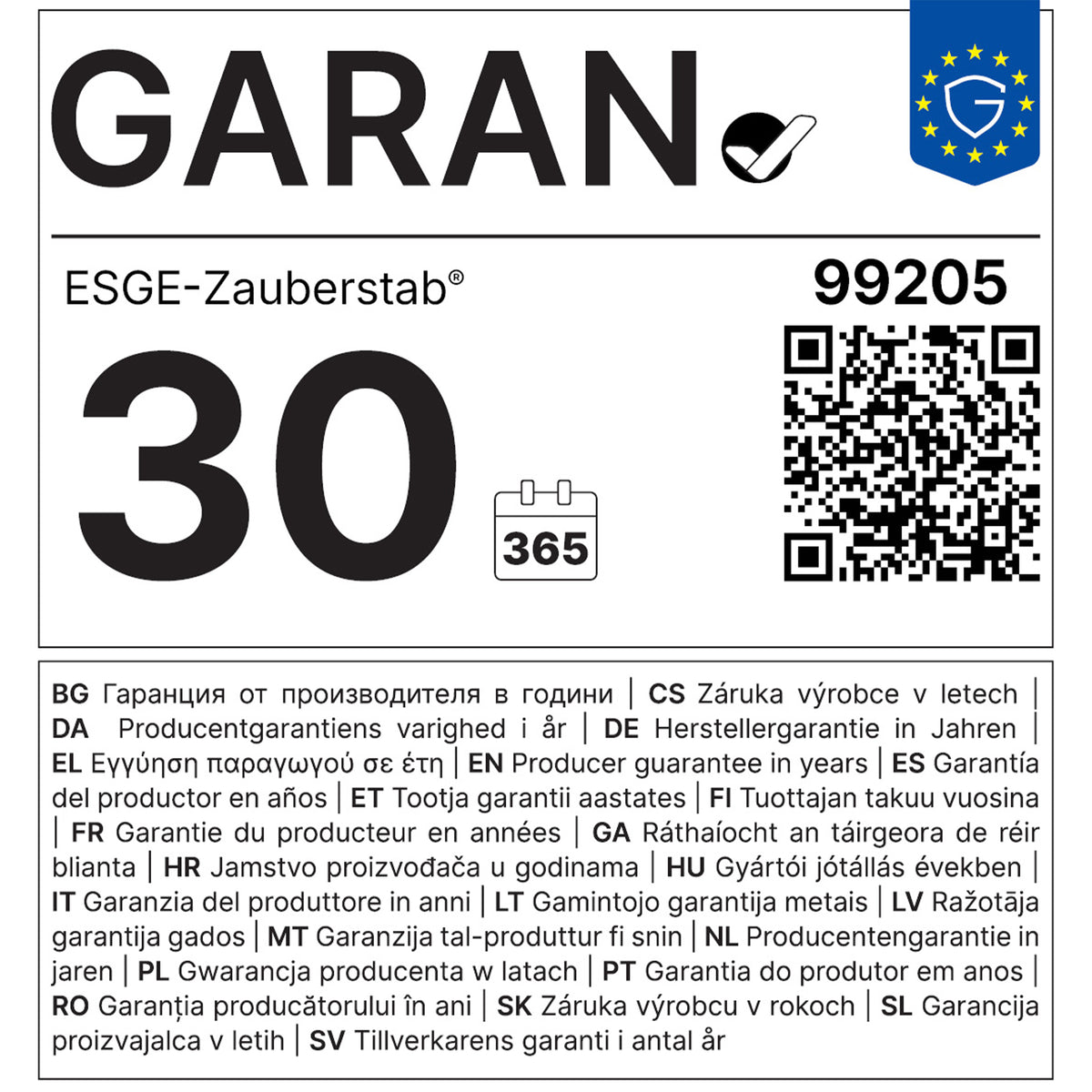 Ein Etikett mit einer 30-jährigen Herstellergarantie für den ESGE-Zauberstab Petticoat Edition mit einem Kalendersymbol, einem QR-Code, der EU-Flagge und der Garantiedauer in mehreren europäischen Sprachen.