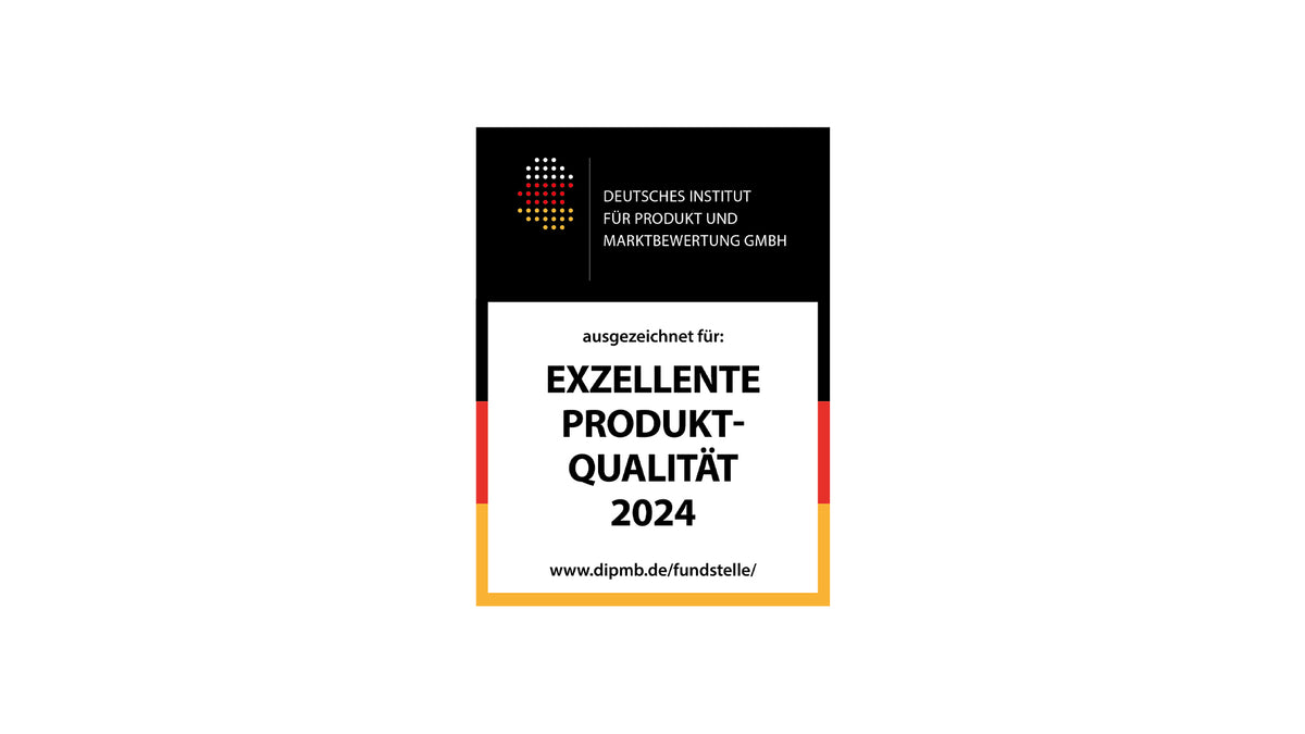 Zertifikat des Deutschen Instituts für Produkt und Marktbewertung GmbH, verliehen für Exzellente Produktqualität 2024, mit schwarz-rot-goldenem Rand und Institutslogo.