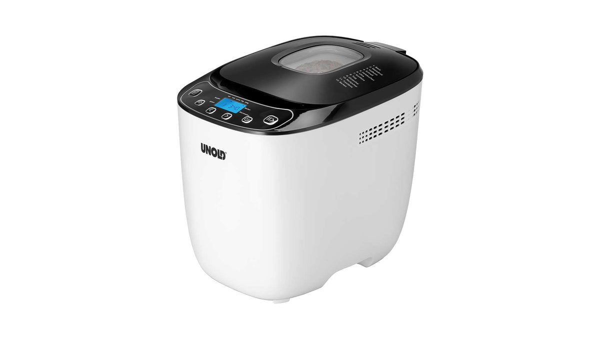 Ein weiß-schwarzer Brotbackautomat mit Digitalanzeige, Bedientasten und transparentem Sichtfenster auf der Oberseite. Auf der Vorderseite ist die Marke UNOLD aufgedruckt.