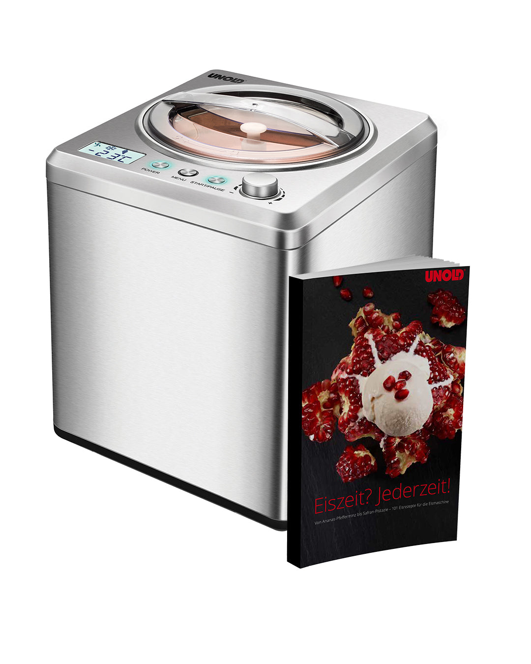 Abgebildet ist eine silberne Unold Eismaschine Exklusiv 2L mit Digitalanzeige und Bedientasten sowie das mitgelieferte Eisbuch, auf dessen Cover ein Dessert mit Eiscreme und Granatapfelkernen abgebildet ist.