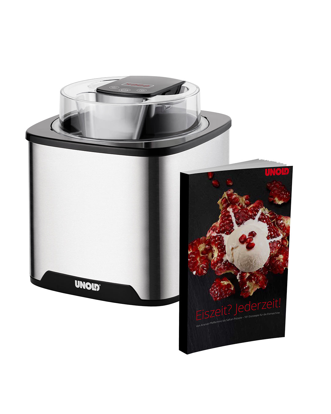 Neben einer Unold Eismaschine Gelato inklusive Eisbuch 1,5 L steht ein Rezeptbuch, auf dessen Cover ein Dessert mit Eiscreme, Himbeeren und Granatapfelkernen abgebildet ist.