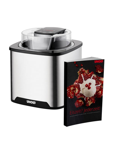 Neben einer Unold Eismaschine Gelato inklusive Eisbuch 1,5 L steht ein Rezeptbuch, auf dessen Cover ein Dessert mit Eiscreme, Himbeeren und Granatapfelkernen abgebildet ist.