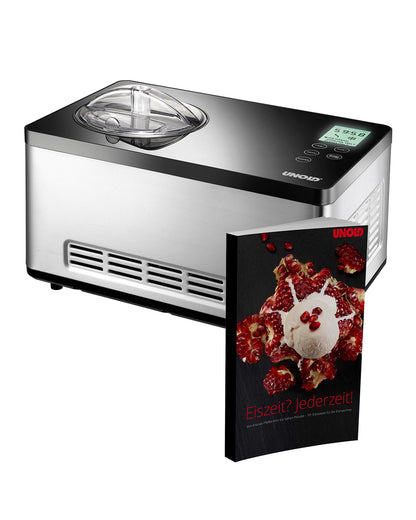 Die Unold Eismaschine Gusto inklusive Eisbuch 2 L in Silber und Schwarz mit digitalem Display auf der Oberseite ist neben ihrem Rezeptbuch mit einem Cover abgebildet, auf dem ein Eisdessert mit Granatapfelkernen abgebildet ist.