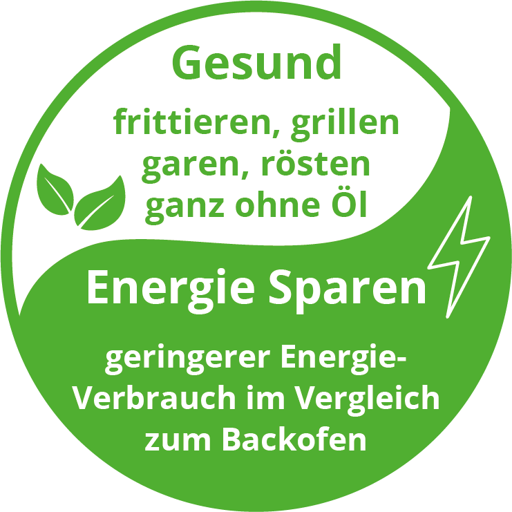 Das grüne, runde Abzeichen mit weißem deutschem Text hebt das gesunde, ölfreie Kochen und die Energieeinsparung der Unold Heißluftfritteuse Doppelkammer Twin Zone hervor, während Blatt- und Blitzsymbole ihre Vorteile gegenüber herkömmlichen Öfen verdeutlichen.