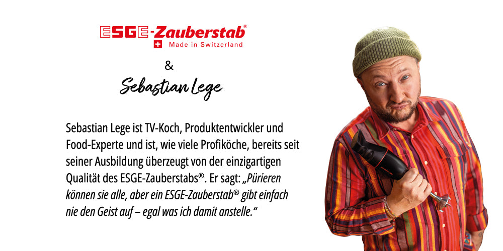 Ein Mann mit grüner Mütze und gestreiftem Hemd hält einen Unold ESGE-Zauberstab E 120 Select + Magic Fusion Creme Stabmixer. Darüber befinden sich das ESGE-Zauberstab-Logo, sein Name und ein deutscher Text, der ihn als Fernsehkoch darstellt, der den Stabmixer empfiehlt.
