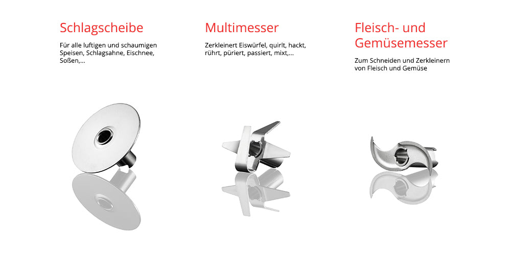 Drei verschiedene ESGE-Zauberstabklingen aus dem Bundle E 120 Select Creme von Unold: eine Schlagscheibe, ein Multimesser und ein Fleisch- und Gemüsemesser mit deutscher Beschriftung oben.