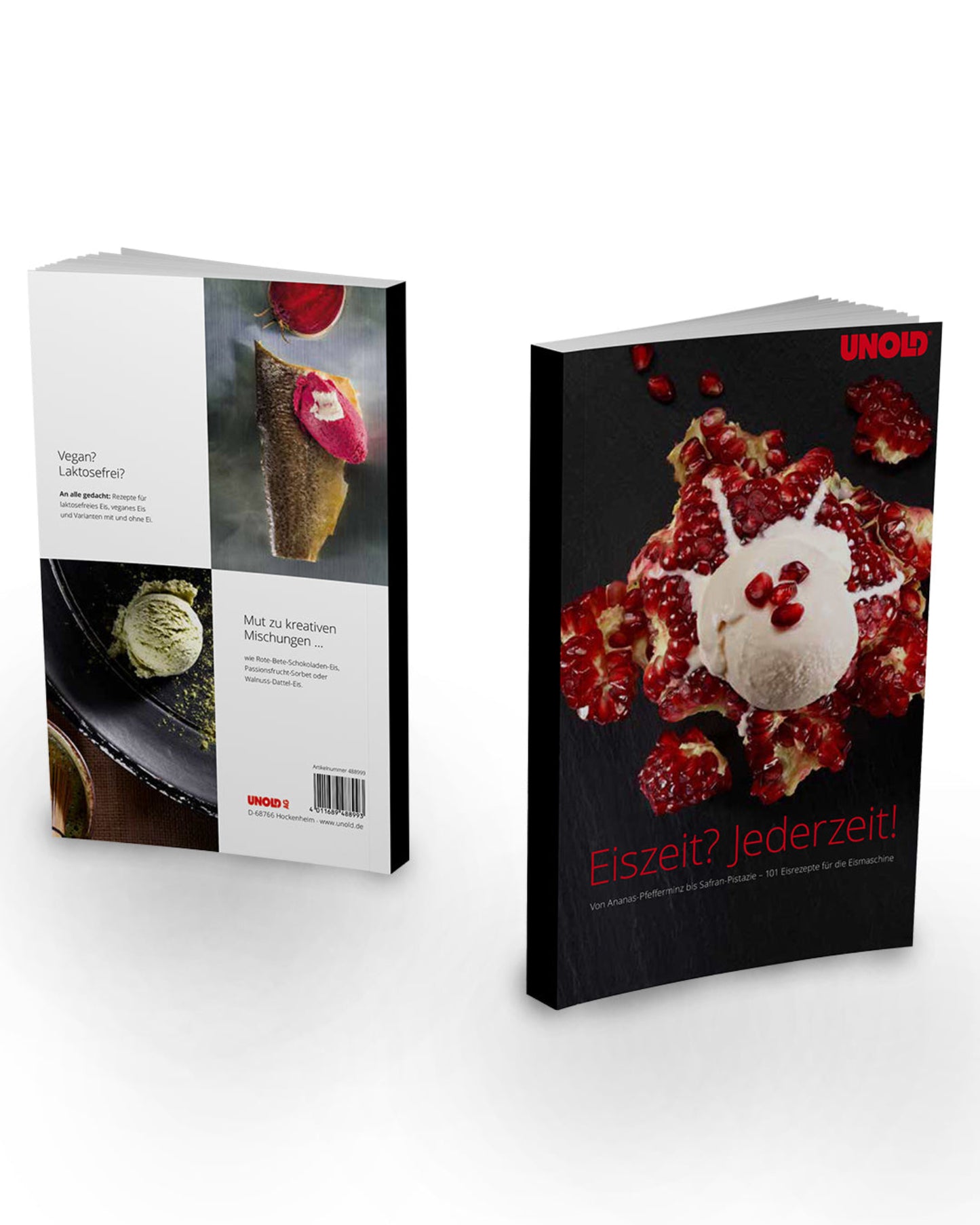 Zur UNOLD Eismaschine Cortina (1,5L) gehört ein Eiskochbuch: Auf der Vorderseite ist Eis auf Granatapfelkernen mit dem Titel „Eiszeit? Jederzeit!“ abgebildet, auf der Rückseite finden sich Waffeln, Zutaten, Text und das Unold-Logo.