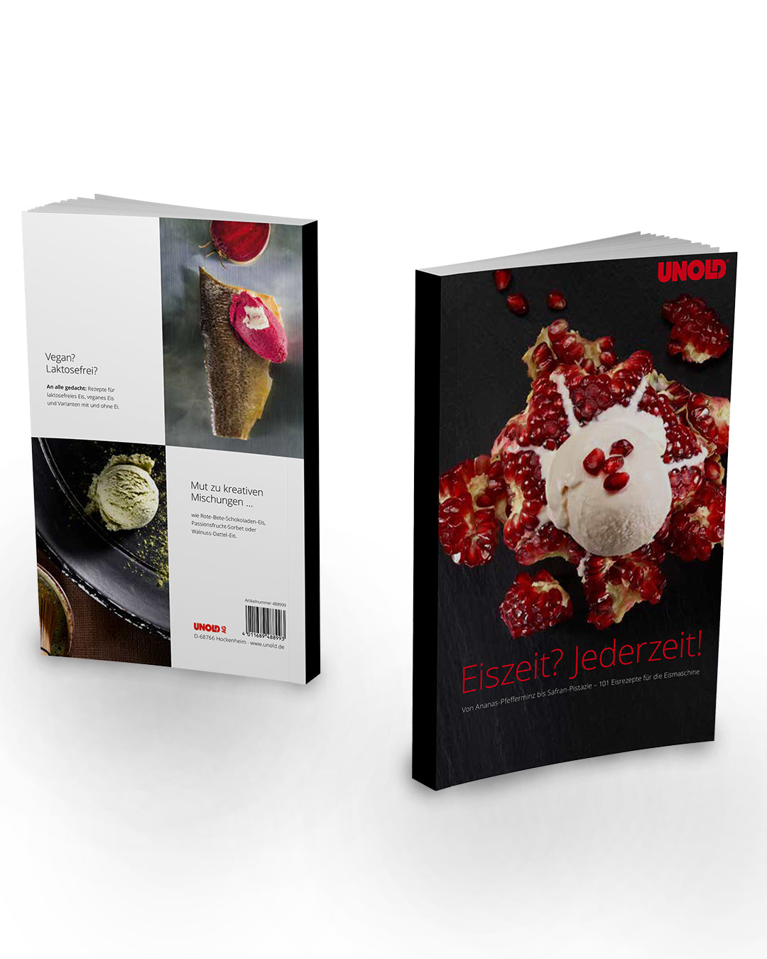 Abgebildet sind zwei Bücher: eines mit dem Vorder- und eines mit der Rückseite. Das Cover zeigt ein Eisdessert mit Granatapfel auf dunklem Hintergrund und dem roten Titel „Eiszeit? Jederzeit!“. Produkt: Unold Eismaschine Uno inkl. Eisbuch 1,2 L.