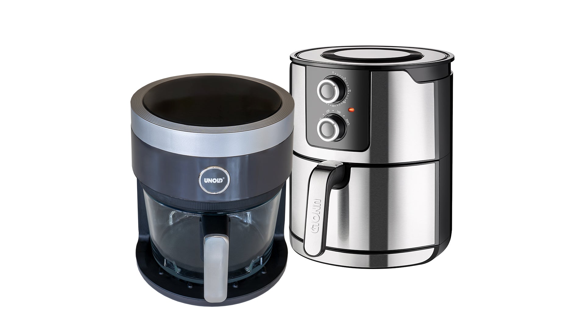 Eine moderne Kaffeemaschine in Schwarz und Silber steht neben einer passenden Heißluftfritteuse aus Edelstahl mit Drehreglern, beide auf weißem Hintergrund.