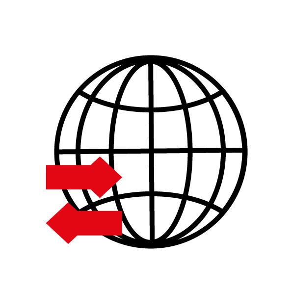 Ein schwarzes Rollstuhlsymbol mit zwei roten Pfeilen darunter, die nach links und rechts zeigen, zeigt die Zugänglichkeit bzw. Bewegungsmöglichkeiten für Rollstuhlfahrer an.