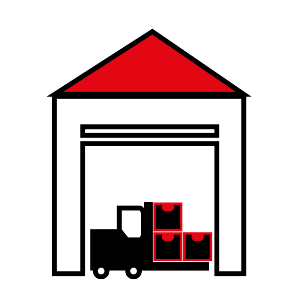 Eine einfache schwarz-rote Grafik eines Lagerhauses mit rotem Dach und drei roten Lagerboxen darin. Zwei kleine weiße Kreise am unteren Rand deuten auf Räder oder einen Eingang hin.